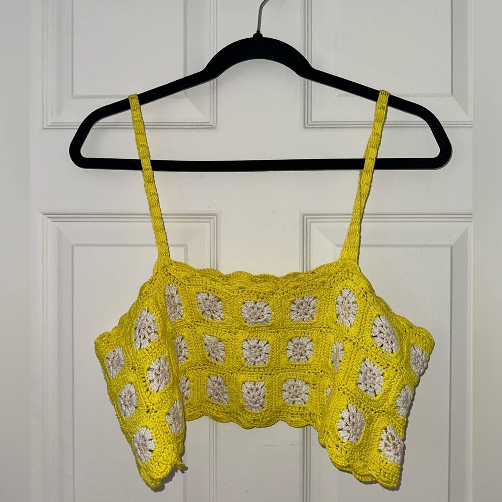 Crochet yellow crop top with white florals, brand new never worn